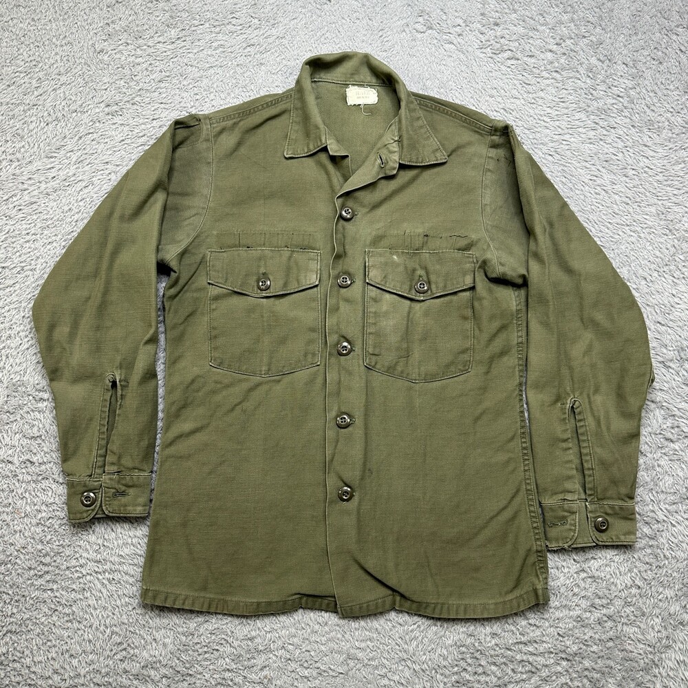 Vintage Army Vietnam Shirt Mens Small (14.5x31) OG 107 Sateen Long Sleeve Button